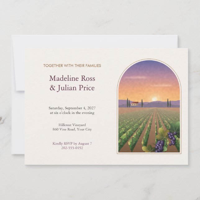 Vineyard Rows at Sunset Arched Panel Wedding Invitation (Front)
