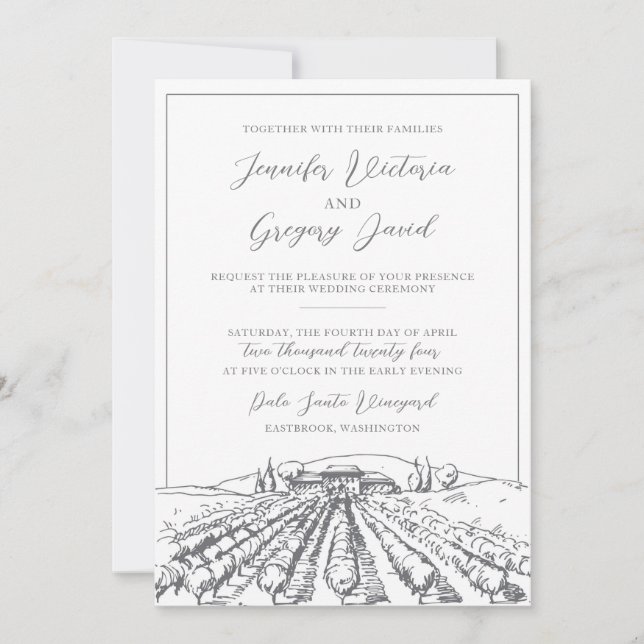 Vineyard Wedding Invitation with Building Drawing (Front)