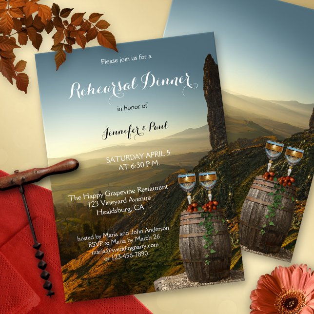 Vineyard Wine Theme Rehearsal Dinner Invitation (Rehearsal Dinner invitation featuring a painting of two wine glasses and grapes on a barrel)