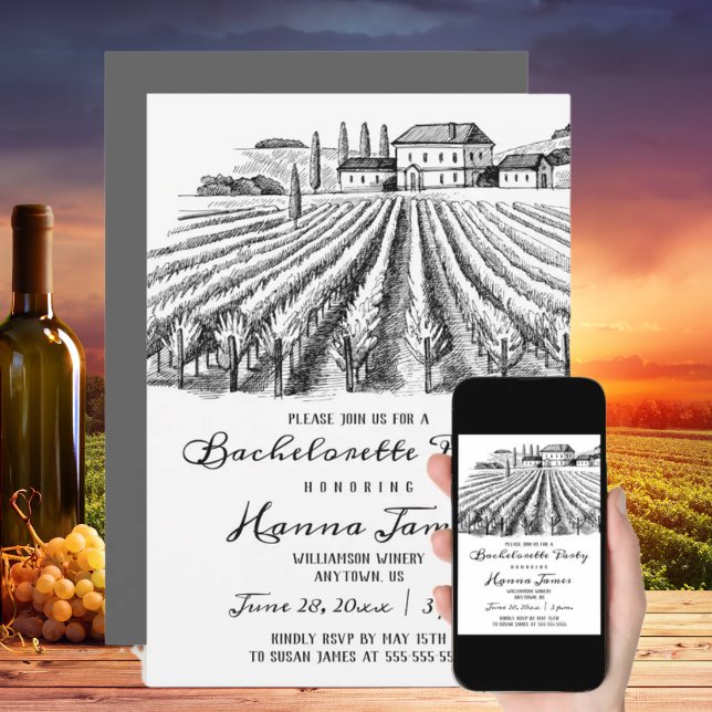 Vineyard Winery Rustic Sketch Bachelorette Party Invitation (Creator Uploaded)