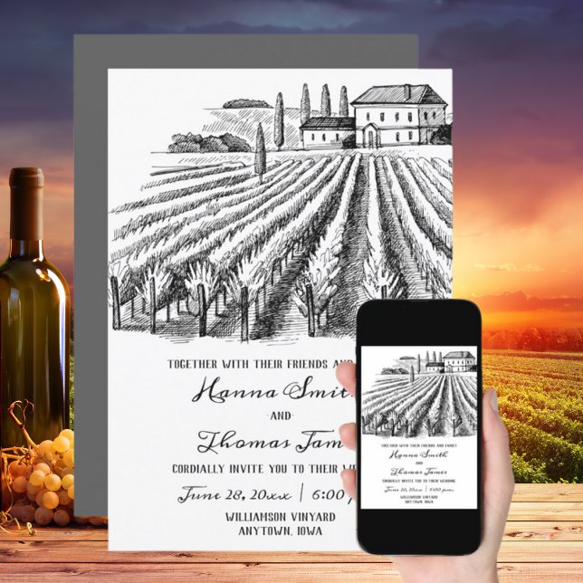 Vineyard Winery Rustic Sketch Wedding  Invitation (Creator Uploaded)