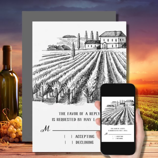 Vineyard Winery Rustic Sketch Wedding RSVP Card (Creator Uploaded)