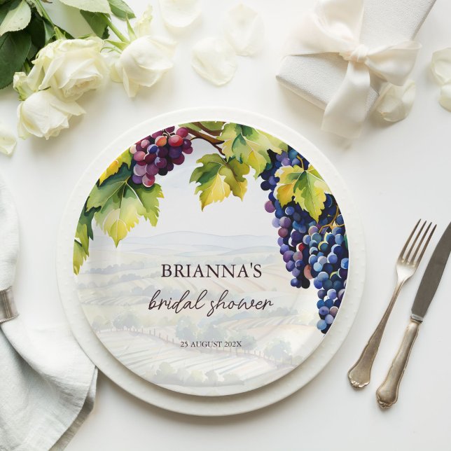 Vineyard winery summer bridal shower printed paper plate (Vineyard winery summer grape bunches bridal shower monogram printed paper plates personalized decor)