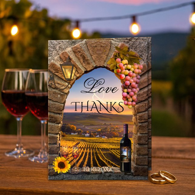 Vineyard Winery Wedding Photo Thank You Card (Wedding Thank You card featuring a painting with Roman arch, sunflower, lantern and wine glasses)