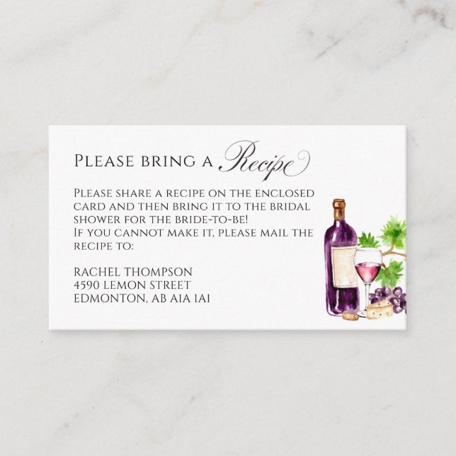 Vino Before Vows Bridal Shower Recipe Request  Enclosure Card (Front)