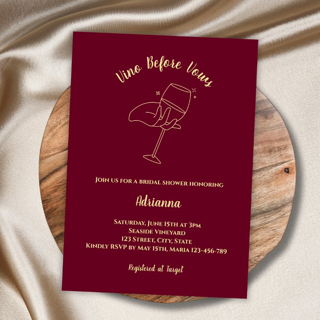 Vino Before Vows Burgundy Wine Bridal Shower Invitation (vino before vows wine bridal shower elegant burgundy)