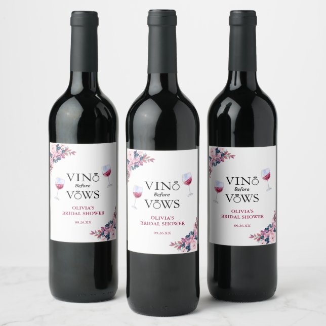 Vino before Vows Elegant Floral Bridal Shower Wine Label (Bottles)