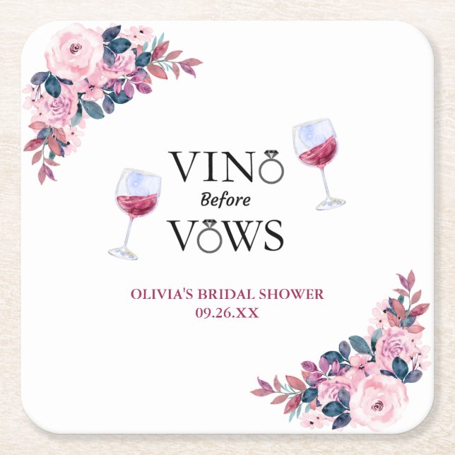 Vino Before Vows Elegant Wine Bridal Shower Floral Square Paper Coaster (Front)