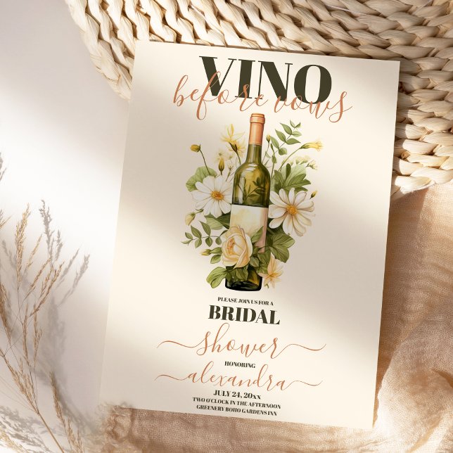 Vino before Vows Gold White Floral Bridal Shower Invitation (Creator Uploaded)