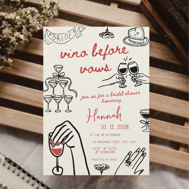 Vino Before Vows Hand Drawn Red Bridal Shower Invitation (Vino Before Vows Hand Drawn Bold Black & Red On cloud Wine Bridal Shower Brunch Whimsical Invitation)