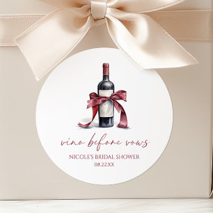 Vino Before Vows Red Wine Bottle Bow Bridal Shower Classic Round Sticker