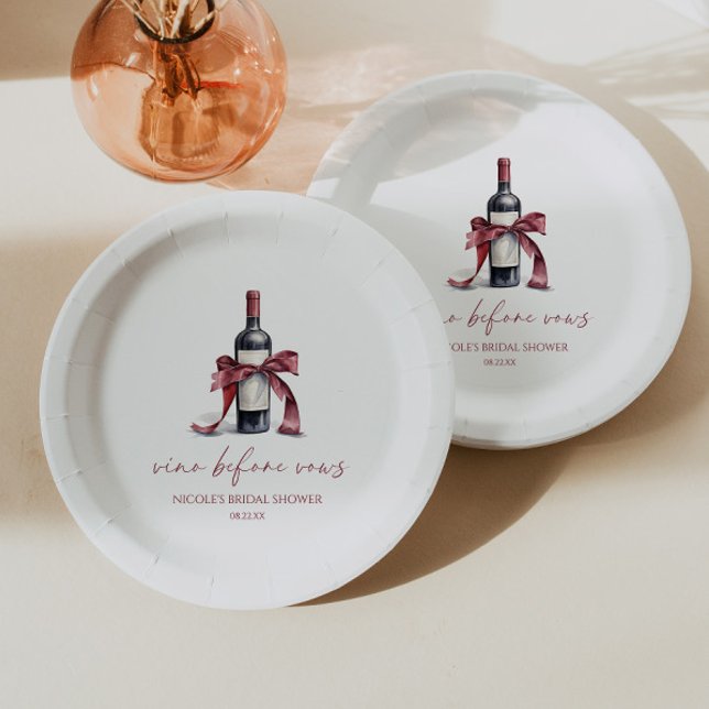 Vino Before Vows Red Wine Bottle Bow Bridal Shower Paper Plate (Creator Uploaded)