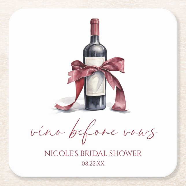 Vino Before Vows Red Wine Bottle Bow Bridal Shower Square Paper Coaster (Front)