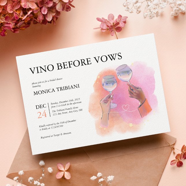 Vino Before Vows Vibrant Pink Orange Bridal Shower Invitation (Creator Uploaded)