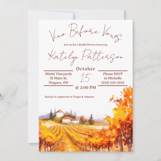 Vino Before Vows, Vineyard Bridal Shower Invitation (Front)