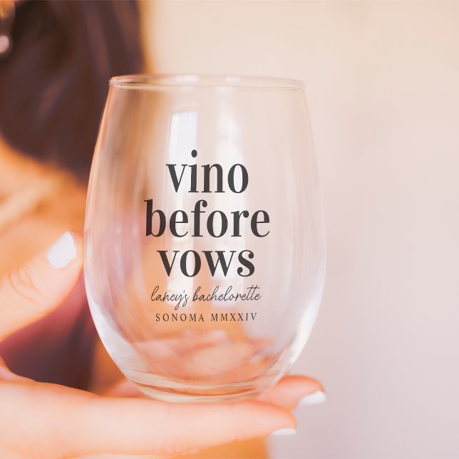 Vino Before Vows Wine Country Bachelorette Party Stemless Wine Glass (Creator Uploaded)