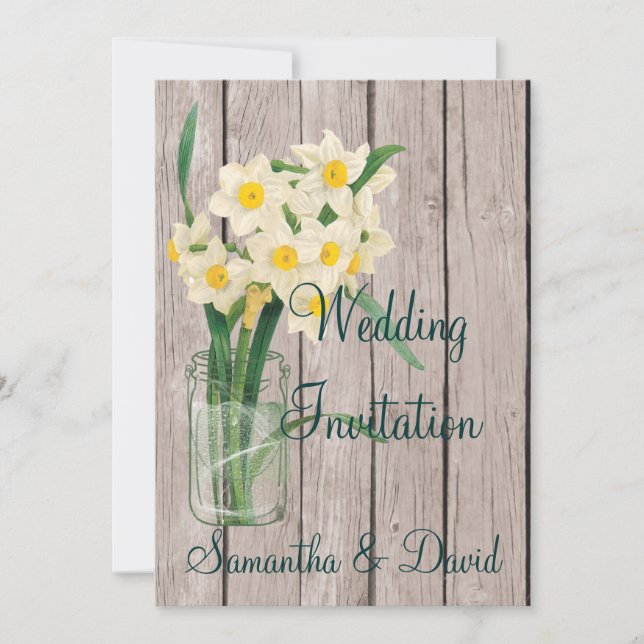 Vintag Mason Jar Daffodil Wedding Invitation Card (Front)