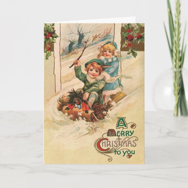 Vintag Merry Christmas, Children on Sleigh Holiday Card (Front)