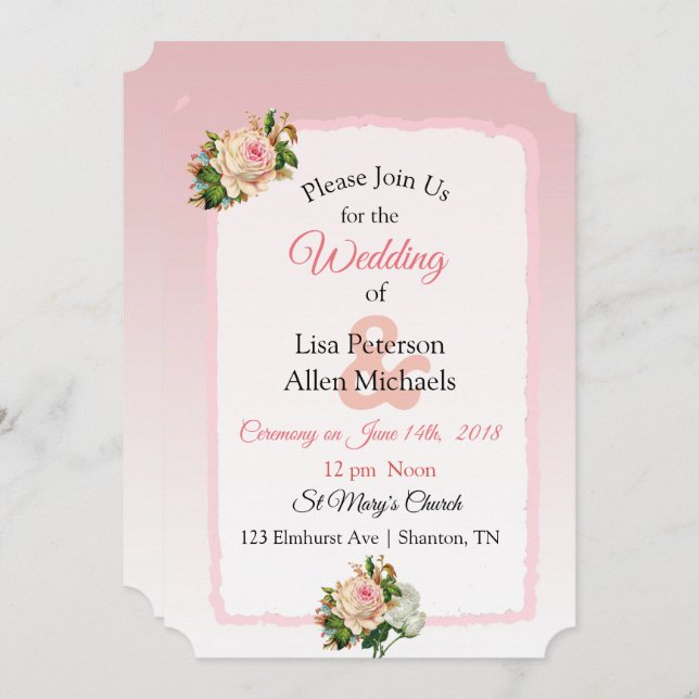 Vintag Rose Pink Striped Floral Wedding Invitation (Front/Back)