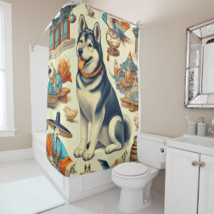 Vintagae Korean Jindo Dog Illustration Shower Curtain