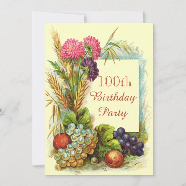 Vintage 100th Birthday Colourful Fruits & Flowers Invitation (Front)