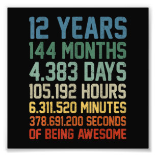 Vintage 12th Birthday Gift 12 Years Old Photo Print