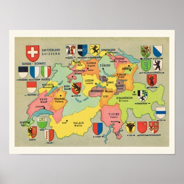 Vintage 12x16 Switzerland Map Print (Front)