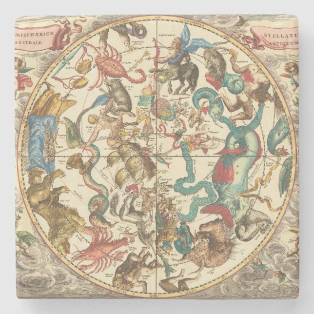 Vintage 1660 Southern Hemisphere Star Map Stone Coaster (Front)