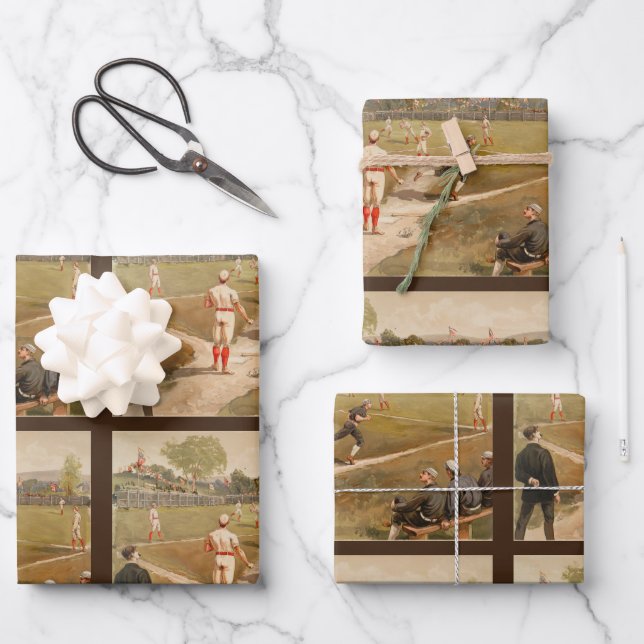Vintage 1800s Baseball Game Wrapping Paper Sheet (Front)