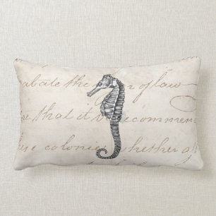 Vintage 1800s Hawaiian Sea Horse Illustration Lumbar Cushion