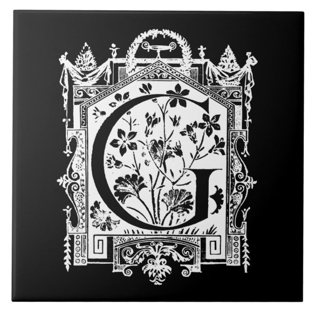 Vintage 1800s Letter G Monogram Illustration Tile (Front)