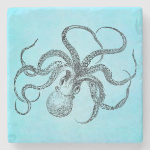 Vintage 1800s Octopus Teal Watercolor Blue Stone Coaster