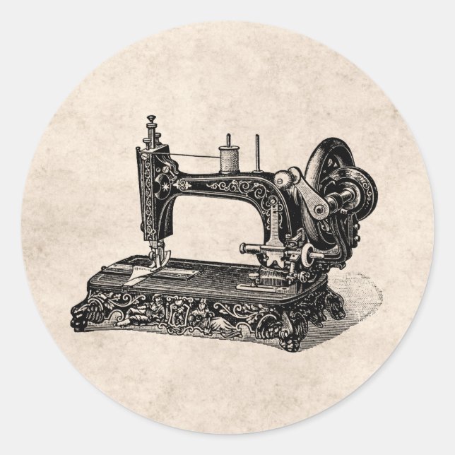 Vintage 1800s Sewing Machine Illustration Classic Round Sticker (Front)