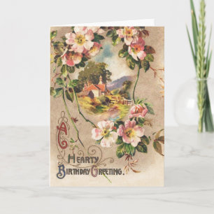 Vintage 1800s Victorian Birthday Floral Country Card