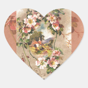 Vintage 1800s Victorian Birthday Floral Country Heart Sticker
