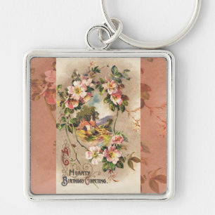Vintage 1800s Victorian Birthday Floral Country Key Ring