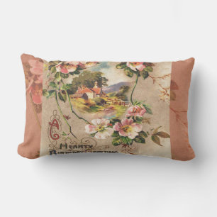 Vintage 1800s Victorian Birthday Floral Country Lumbar Cushion