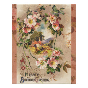 Vintage 1800s Victorian Birthday Floral Country Poster