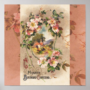 Vintage 1800s Victorian Birthday Floral Country Poster