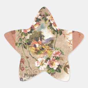 Vintage 1800s Victorian Birthday Floral Country Star Sticker