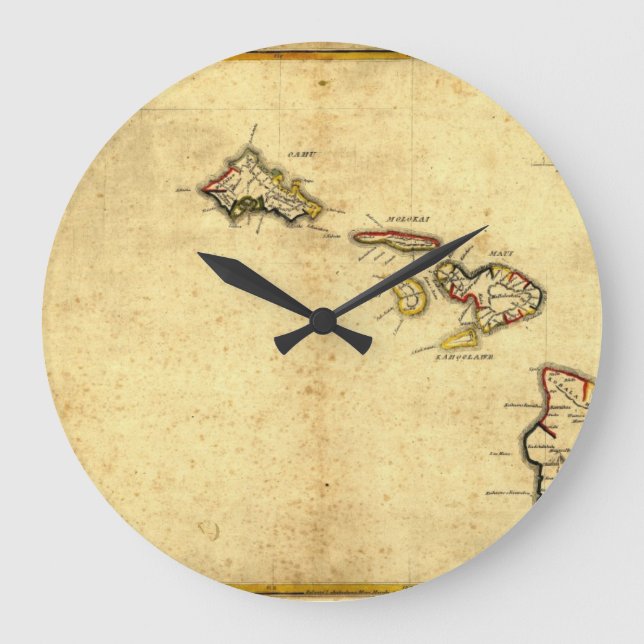 Vintage 1837 Hawaii Map -  Hawaiian Islands Large Clock (Front)