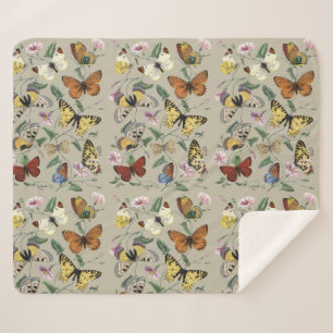 Vintage 1842 Butterfly Moth Botanical Floral Art Sherpa Blanket
