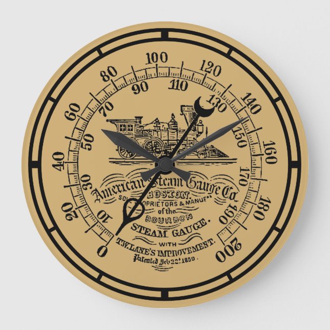 Vintage 1850 Steampunk locomotive Steam Gauge Large Clock (Front)