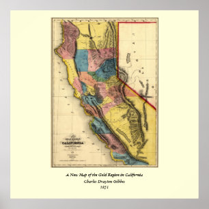 Vintage 1851 California Gold Region State Map Poster