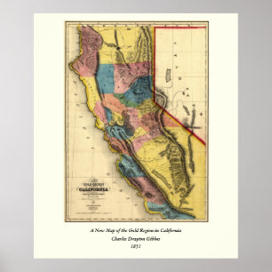 Vintage 1851 California Gold Region State Map Poster