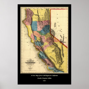 Vintage 1851 California Gold Region State Map Poster