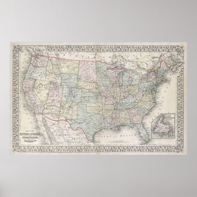 Vintage 1867 Map of The United States Poster (Front)
