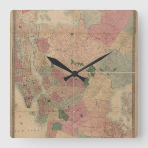 Vintage 1872 Brooklyn Map - New York City, Queens Square Wall Clock