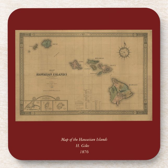 Vintage 1876 Hawaii Map -  Hawaiian Islands Coaster (Front)
