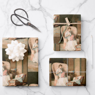 Vintage 1888 Mother and Sleeping Baby, Restored Wrapping Paper Sheet